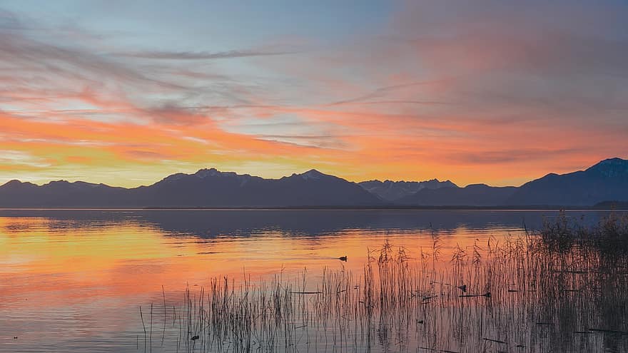 Sunset, Lake, Mountains, Clouds, Nature, Dusk, Scenic, Outdoors, Chiemsee, landscape, water