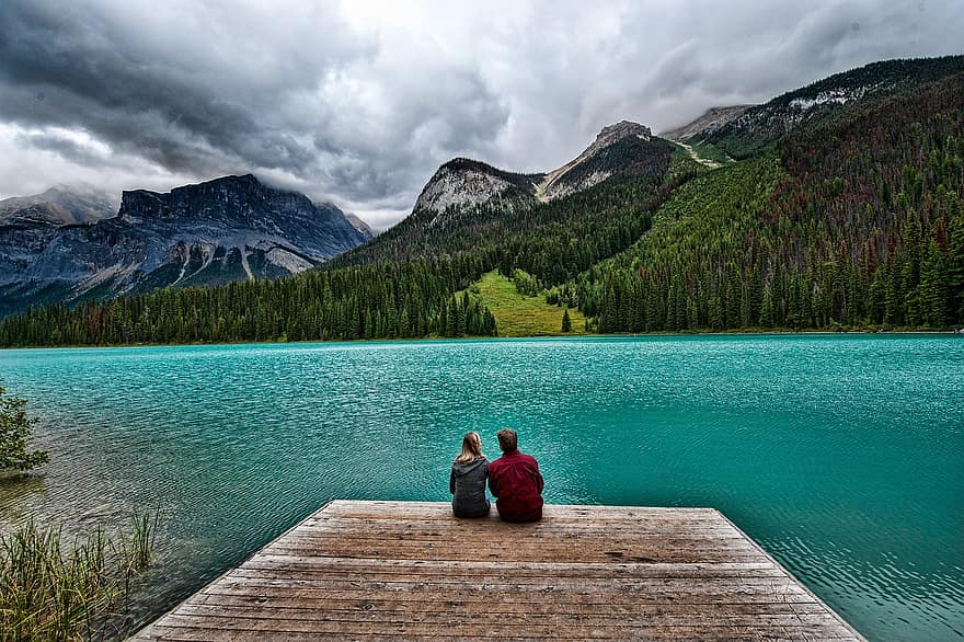 Emerald Lake, Mountains, Couple, Alberta, Banff, Landscape, Dock, Nature