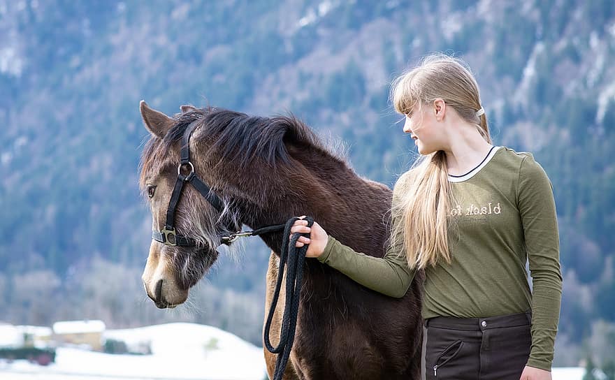 लड़की, घोड़ा, घुड़सवार, घुड़सवारिका, घोड़े का, भूरे रंग का घोड़ा, खेत, जवान लड़की, घोड़ी, जानवर, सस्तन प्राणी