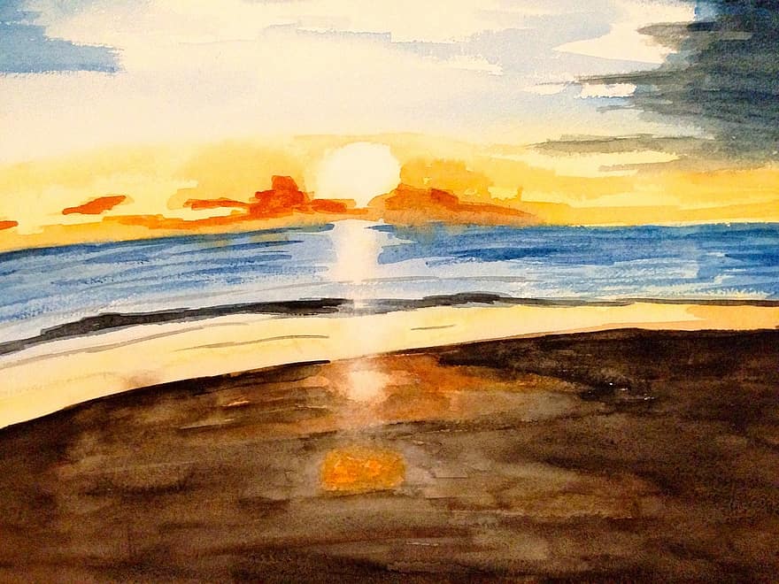 playa, Dom, puesta de sol, romance, pintado