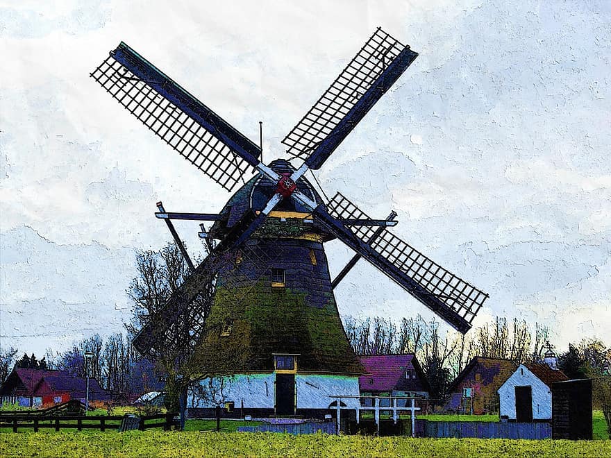 wiatrak, klasyczny, zabytkowe, architektura, Holandia, stary, holenderski, tradycyjny, wiatr, drewno, na wolnym powietrzu
