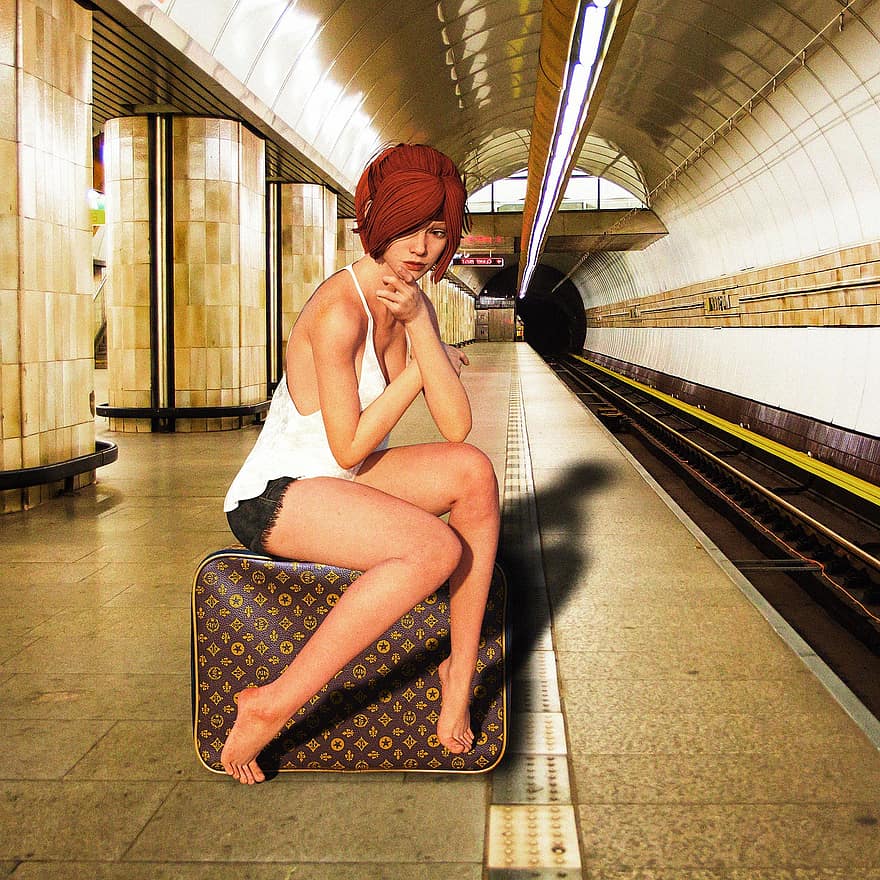 vrouw, platform, metro, hou op, bagage, zitten, Wacht, portret, vrouwelijk, uitdrukking, mode