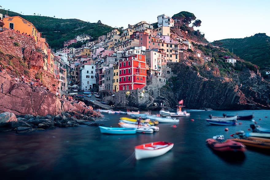 cinque terre, Italien, riomaggiore, stad, by, marina, hamn, båtar, klippa, resa, destination