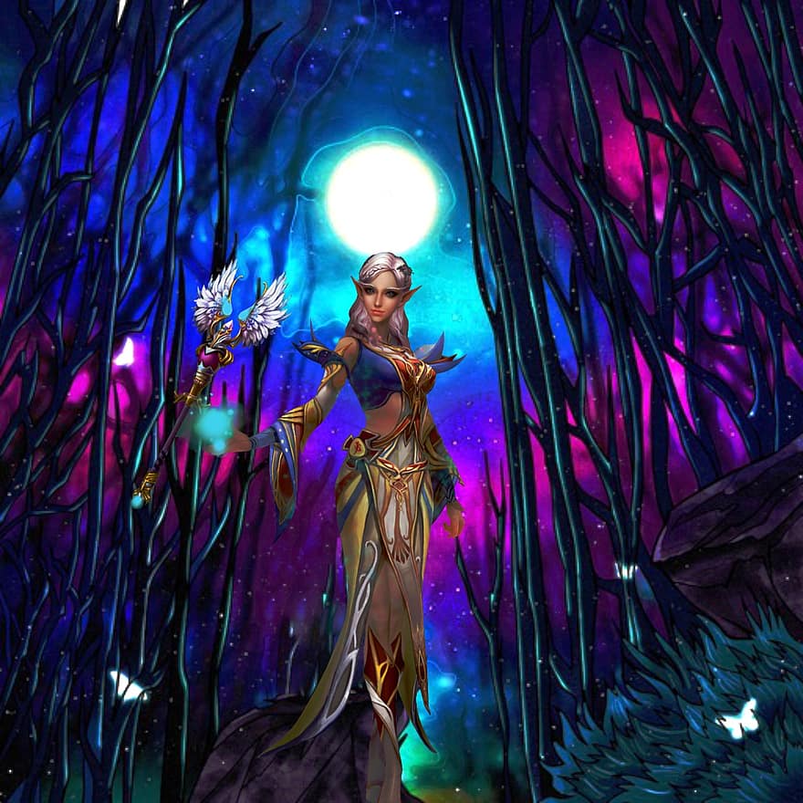 Hintergrund, Wald, mystisch, Magier, Fantasie, weiblich, Charakter, digitale Kunst