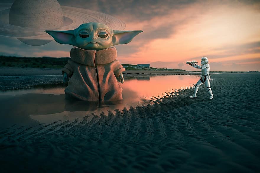 Yoda, Baby Yoda, csillagok háborúja, rohamosztagos, alkotó, photoshop, fantázia, képszerkesztés
