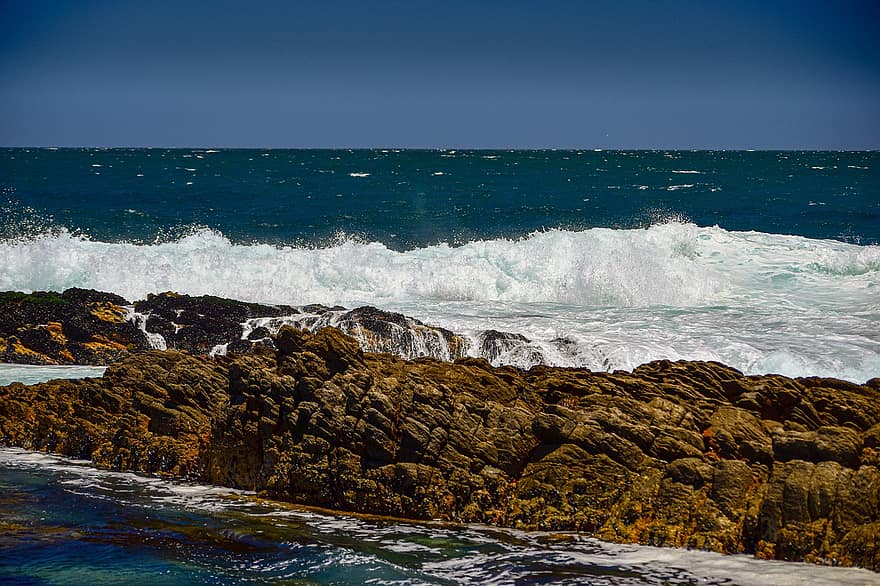 océan, mer, vagues, côte, roches, eau, paysage marin, littoral, hermanus, Afrique du Sud, bleu