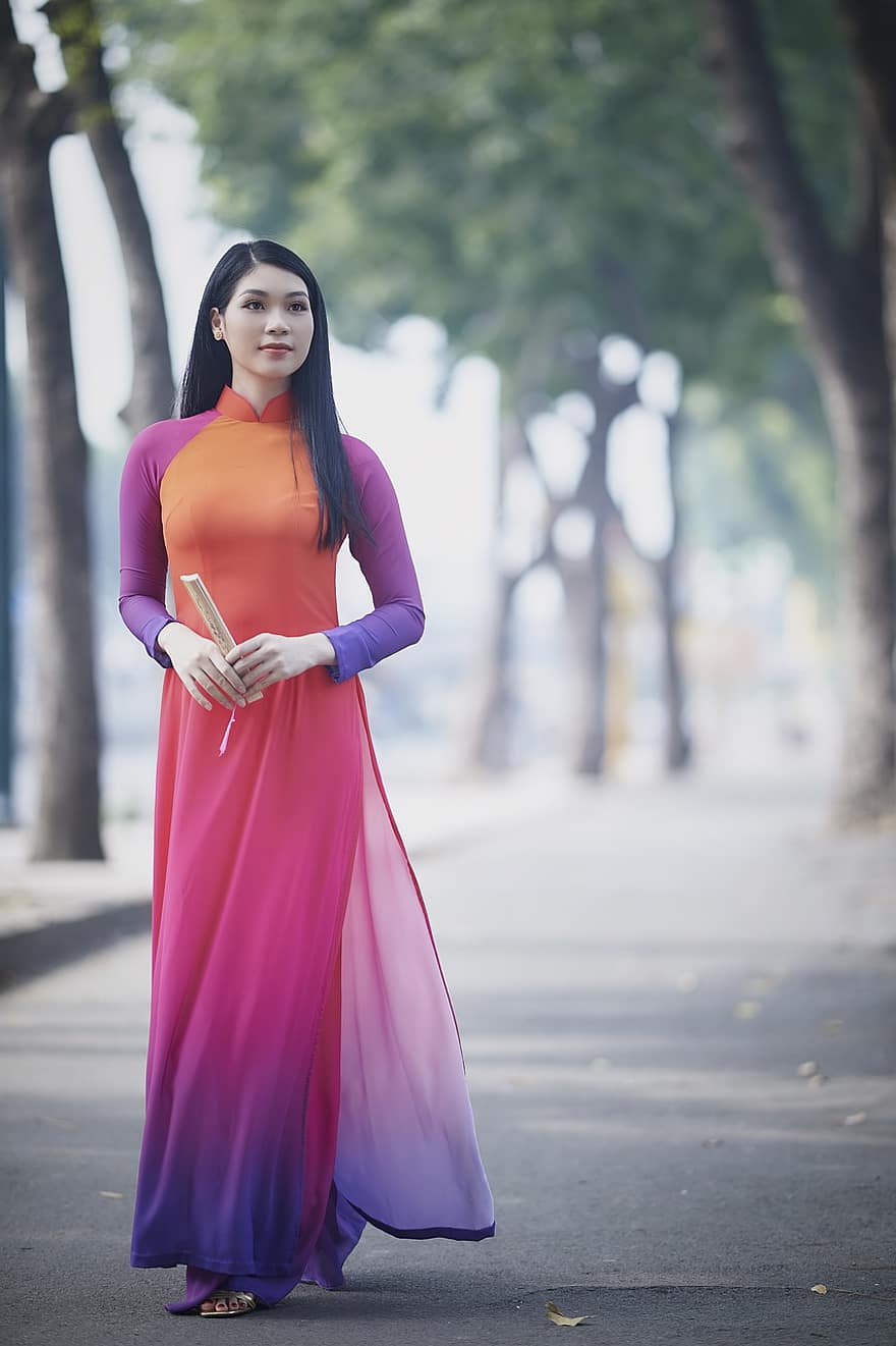 Vietnamesisk traditionelt nytår, vietnamesisk model, Hvor lang er vietnamesisk, Vietnam traditionel kjole, parkere, Ensom pige i Ao Dai, langt skørt, asiatisk kvinde, mode, langt liv, voksen