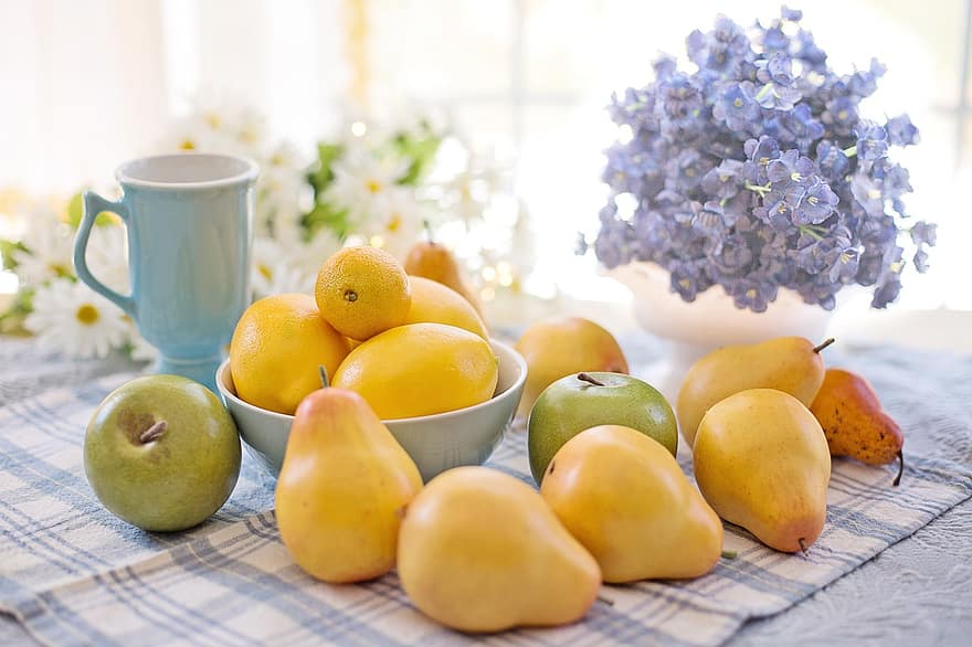 frukt, mat, fortfarande liv, päron, citroner, äpplen, färsk, hälsosam, kopp, skål, lätt och luftigt