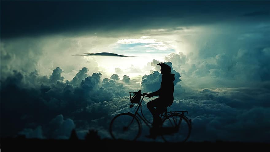 cel, bicicleta, ciclista, núvols, posta de sol, paisatge, carretera, viatjar