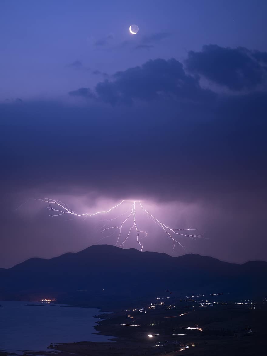 Lake, Evening, Lightning, Thunderstorm, Thunderclouds, Storm, Sky, Clouds, Mountains, night, cloud