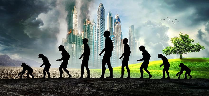 еволюция, човек, маймуна, развитие, бъдеще, минало, природа, технология, унищожаване, живот, град