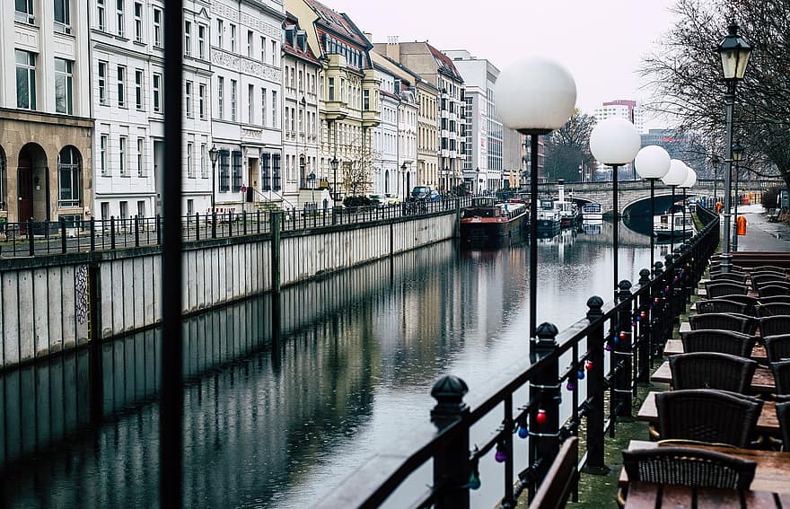 csatorna, város, berlin, utcai világítás, házak, csónak, városi, víz, híd, épületek, építészet