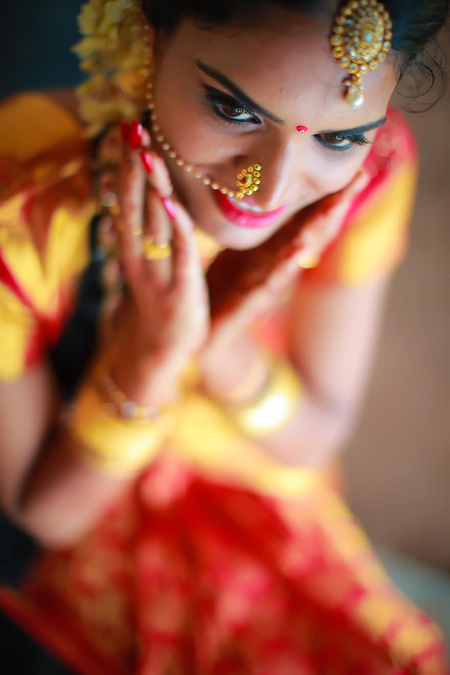Frau, Braut, Modell-, Kleid, Hochzeit, romantisch, Schleier, Mode, Menschen, Kerala, Kultur