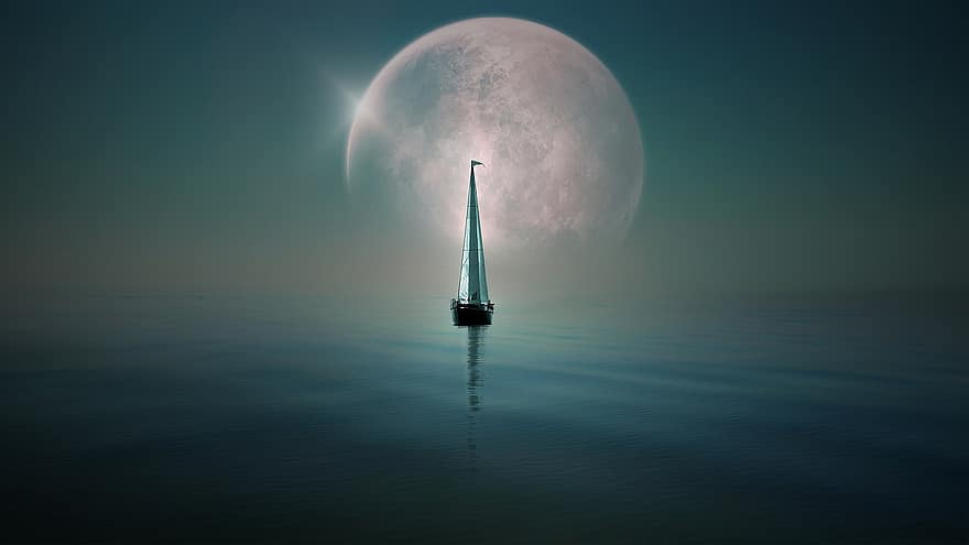 fantaisie, mer, lune, bateau, voile, rêver, vagues
