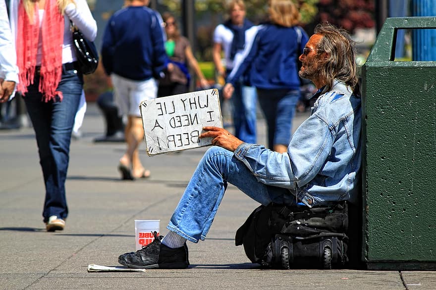 Man, Sign, Beggars, Homeless, Begging, Street, Sidewalk
