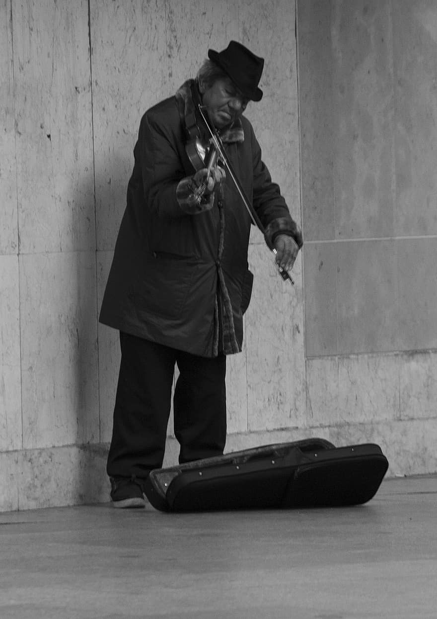 Monochrome, Street, Musician, Violin, Man, Melody, Talent, men, one person, black and white, suit