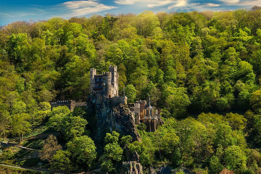 hrad, středověk, Německo, architektura, mezník, pevnost, věž, les, hora, Rýnské údolí, krajina