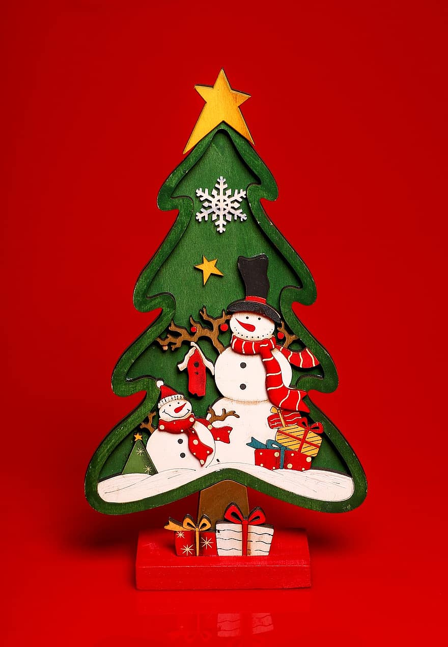 Kerstmis, kerst decor, gift, viering, winter, illustratie, seizoen, boom, decoratie, humor, sneeuwman