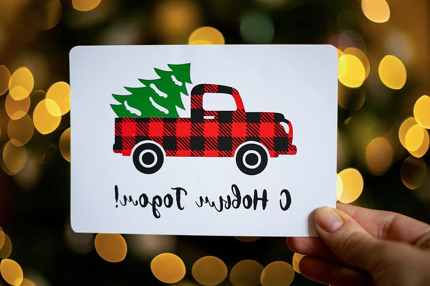 Naujieji metai, atvirukas, Kalėdinis atvirukas, šventė, Naujųjų metų kortelė, automobilis, tekstą, medis, žiemą, apdaila, sezoną