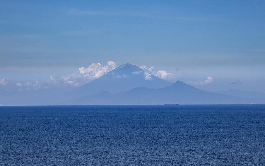 montanhas, oceano, mar, Planalto, pico, Visão, nuvem, céu, agua, panorama