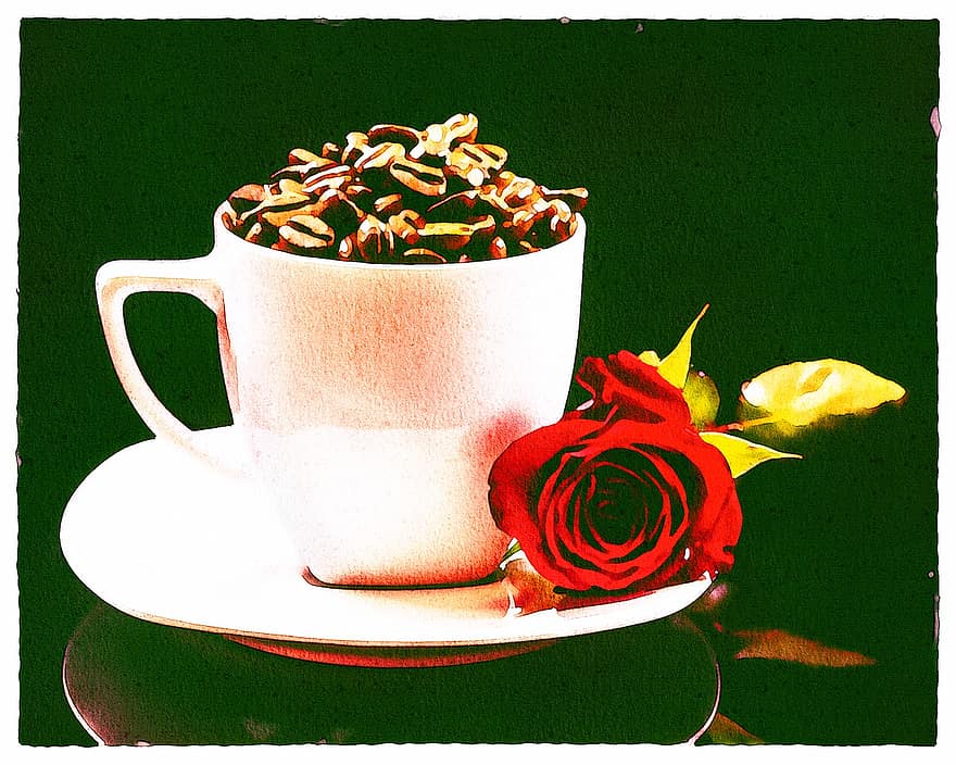 वॉटरकलर कॉफी, कॉफ़ी के बीज, गुलाब का फूल, कैफीन, कप, सुगंध, चीनी मिटटी, सुबह का नाश्ता, गरम, एस्प्रेसो, गुलाब के फूल