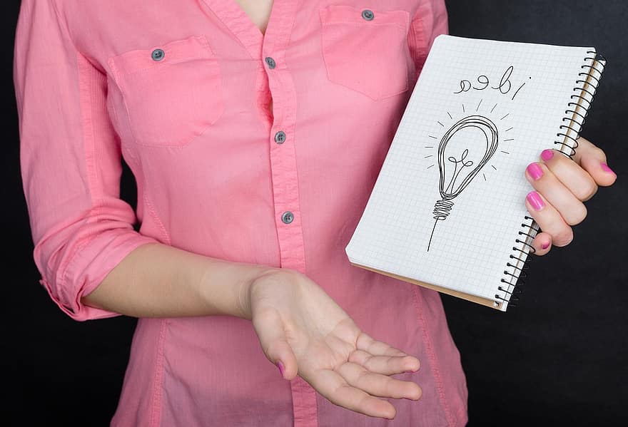 Idea, Proposal, Light Bulb, Concept, Woman, Hands, Notebook, Imagination, Inspiration, Creativity, Initiative