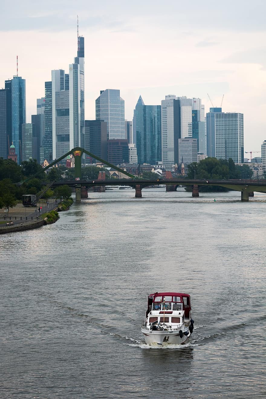 Frankfurt, stad, rivier-, horizon, gebouwen, architectuur, Duitsland, stadsgezicht, wolkenkrabber, water, vervoer