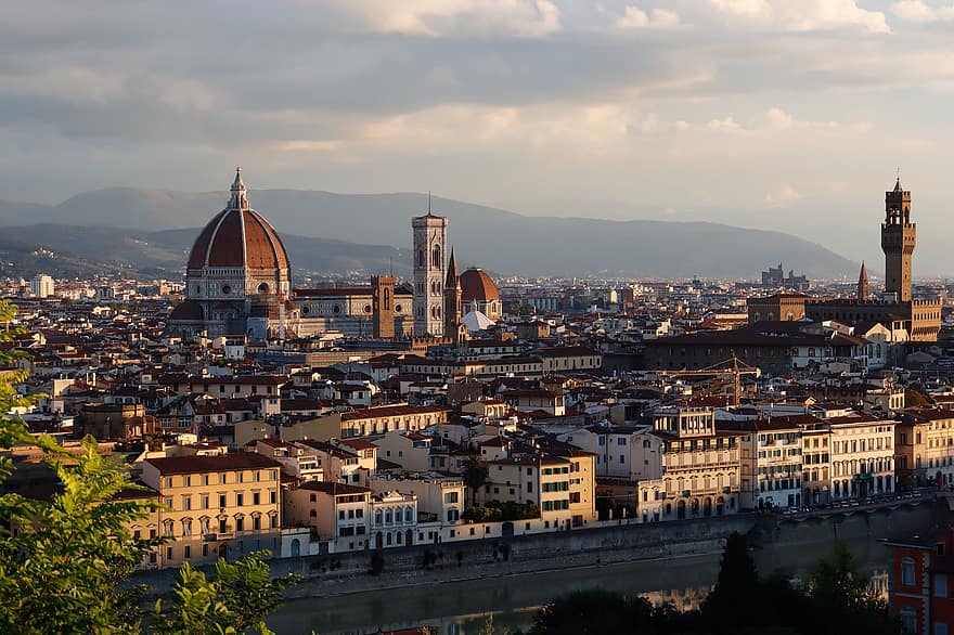stad, gebouwen, zonsondergang, stadsgezicht, landschap, reisbestemming, bergen, schemer, duomo, Florence, Toscane