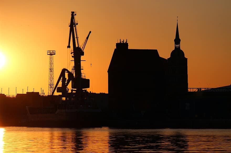 Stralsund, napnyugta, ég, abendstimmung, víz, vitorla, kikötő, sziluett, este, nap, pihenés