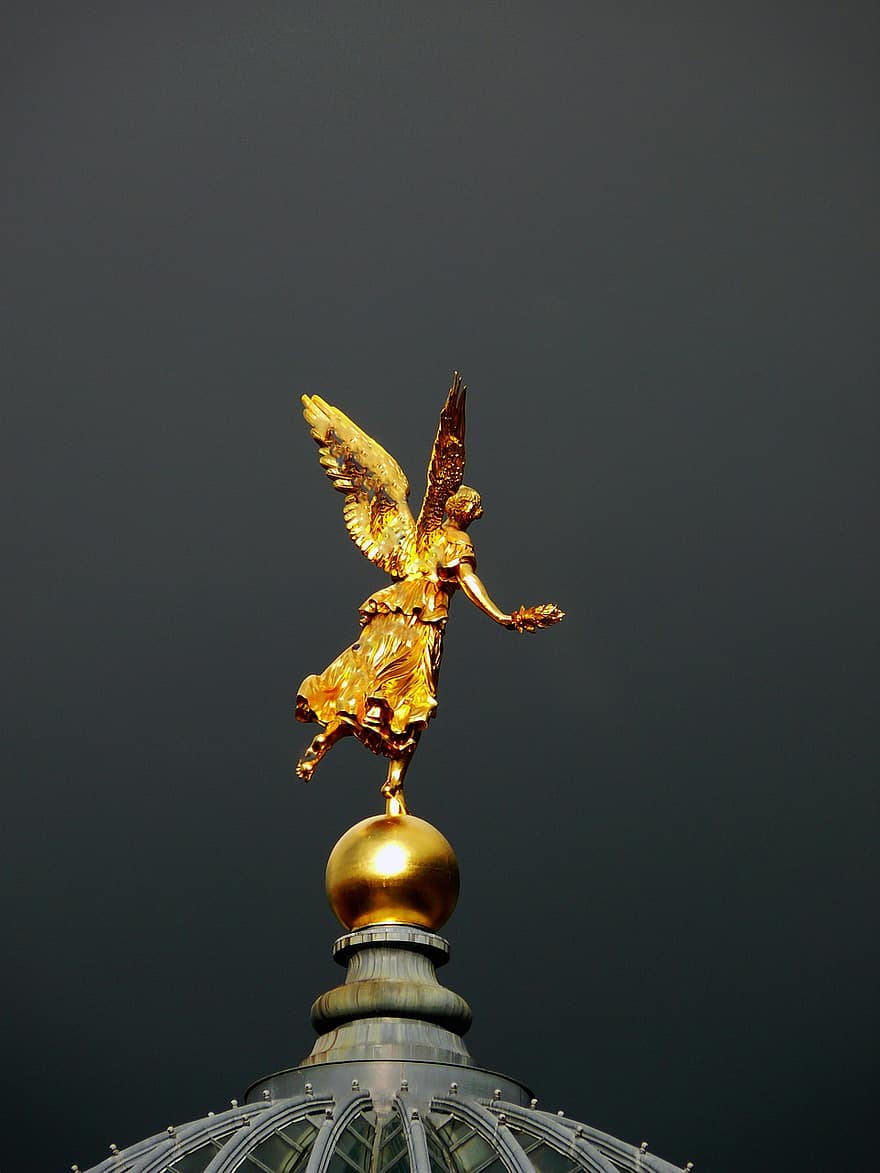 천사, 동상, 둥근 천장, 예술 아카데미, 드레스덴, 황금 동상, 조각, 날개, 수호 천사, 기분