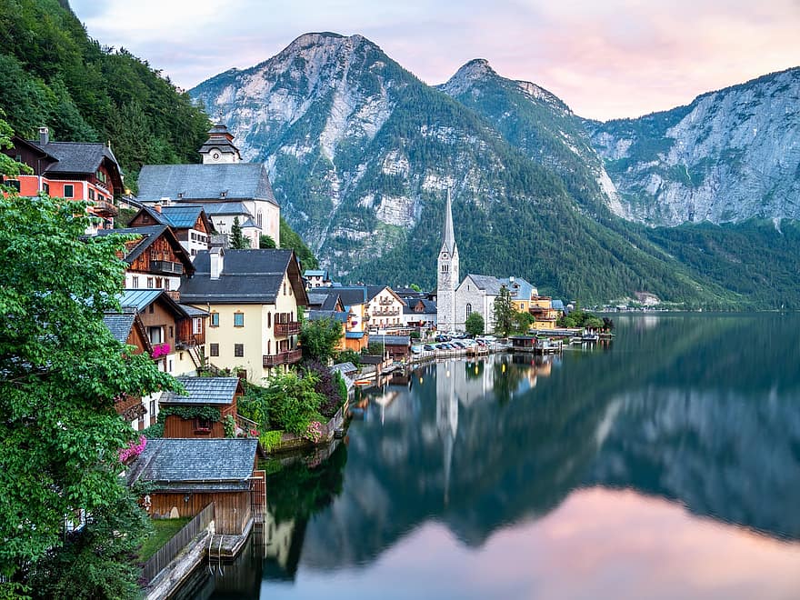 بحيرة ، الجبال ، قرية ، النمسا ، هالستات ، salzkammergut ، التراث ، السفر ، سائح ، المكان المقصود ، في الخارج