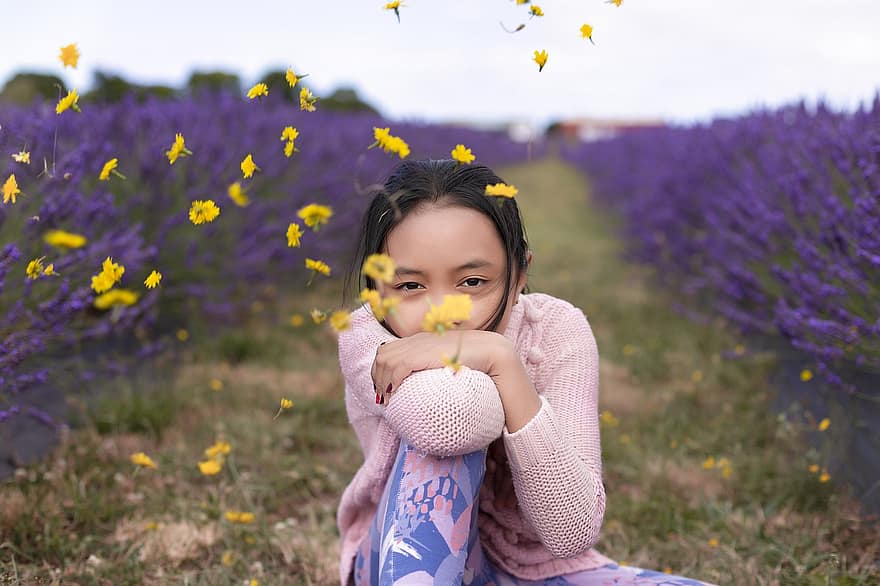 gadis, anak, lavender, bidang, alam
