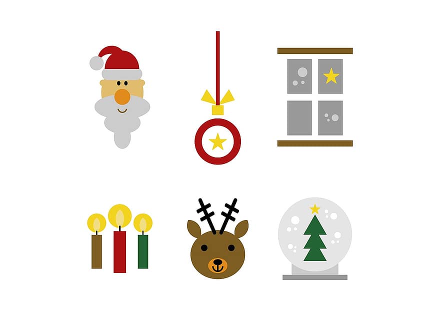 uppsättning, jul, figur, ClipArt, grafisk, fönster, snö, julpynt, jultomten, ren, ljus