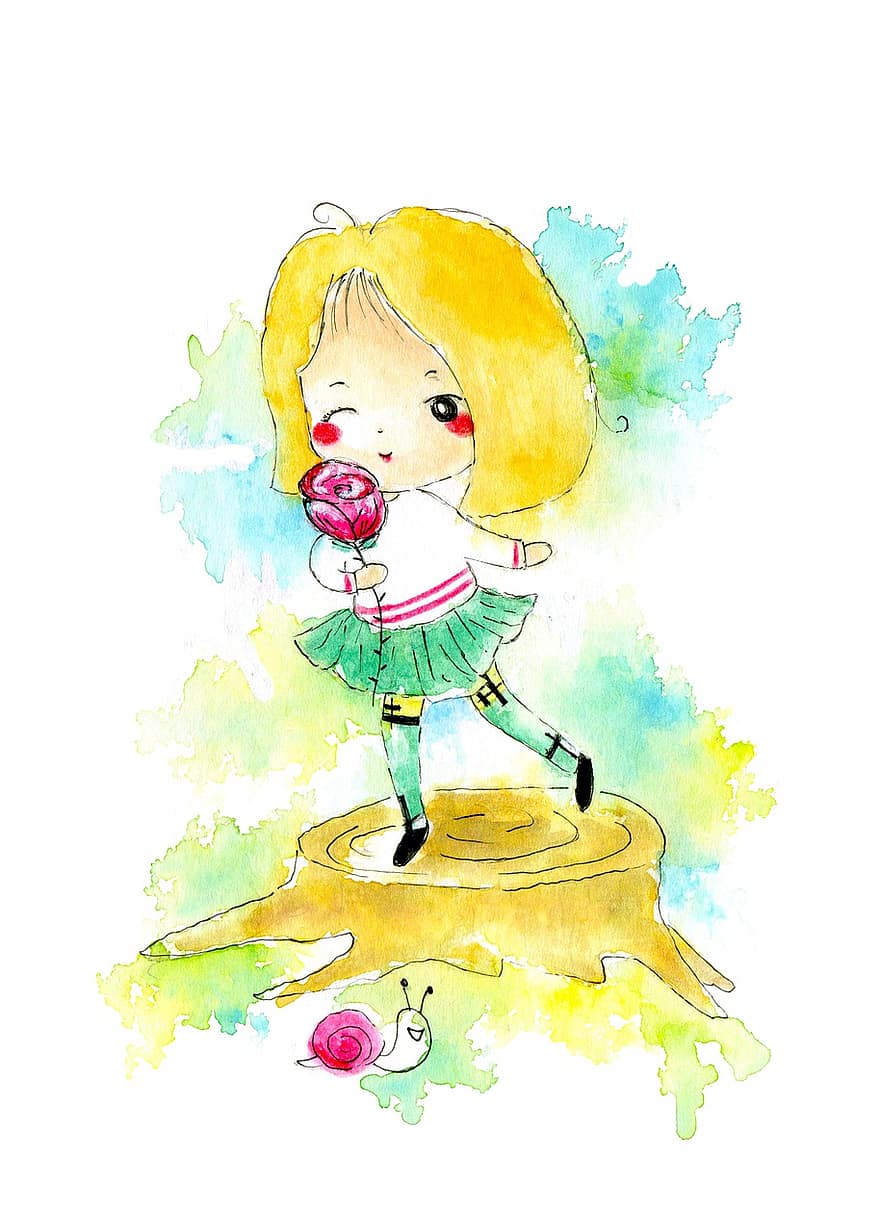 فتاة ، الوردة ، ألوان مائية ، لوحة ، زهرة ، حلزون ، جذع شجرة ، حب ، عيد الحب ، بطاقة ، رسم