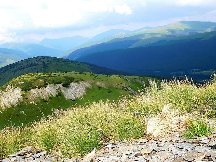 munţi, vilegiaturist, panoramă, iarbă, pitoresc, călătorie, turul munților, vedere, România