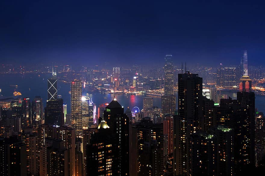 Hongkong, město, noc, budov, světla města, mrakodrapy, noční světla, prohlížení památek, v centru města, městský, mrakodrap