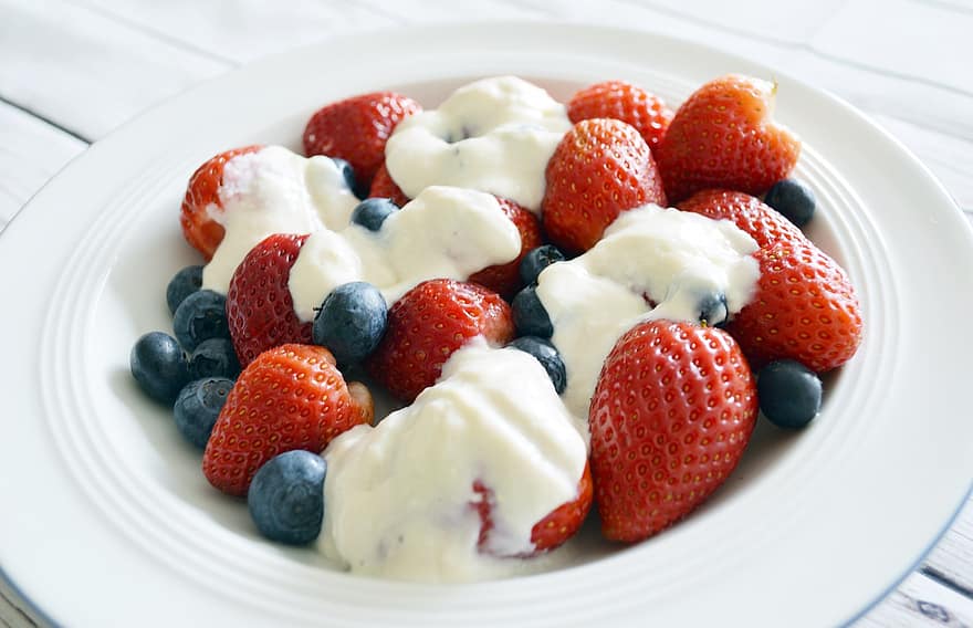 frukost, mellanmål, bär, jordgubbar, frukt, hälsosam, mat, efterrätt, jordgubbe, blåbär, friskhet