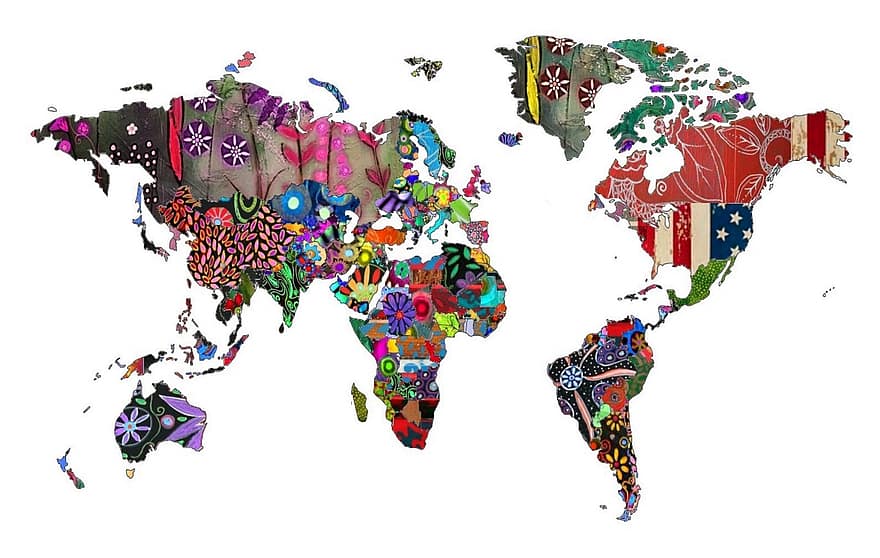 mapa světa, zemí, kontinentech, barvitý