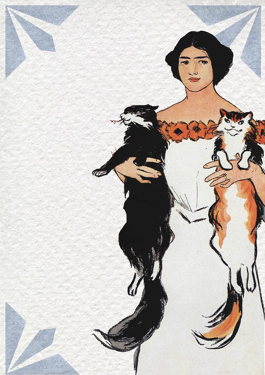 Art Nouveau, bağbozumu, Kadın, kediler, Evcil Hayvanlar, hayvan, kolaj, Sanat, kapak, afiş, dizayn
