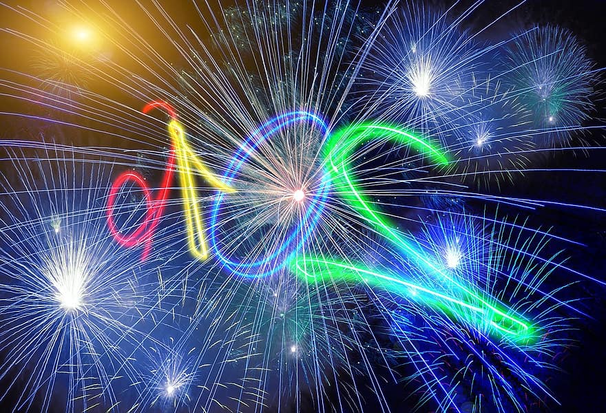 नए साल का दिन, साल, नववर्ष की पूर्वसंध्या, संख्या, वर्ष की बारी, चिंगारियों की बौछार, आतिशबाजी, चमकदार, आधी रात