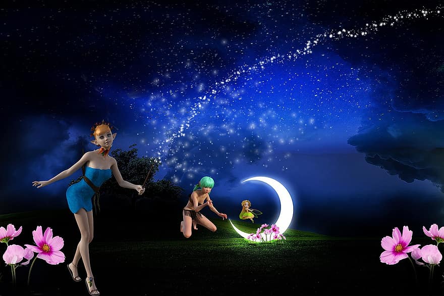 Background, Mystical, Moon, Fairy, Elf's, Flowers, child, night, grass, cheerful, fun