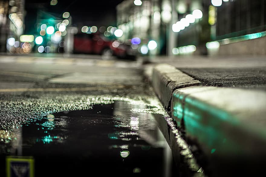 ciudad, noche, reflexión, difuminar, coche, vida en la ciudad, antecedentes, iluminado, resumen, mojado, lluvia