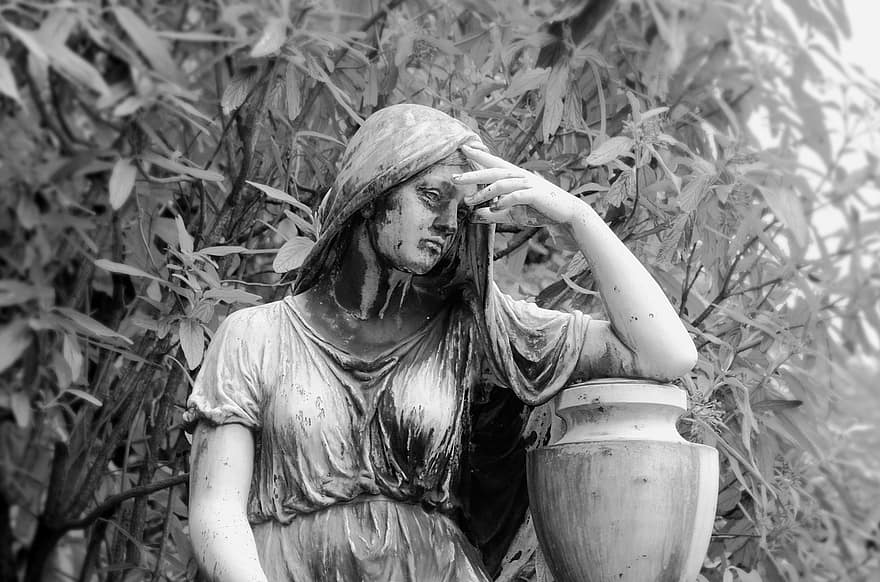 скулптура, жена, гроб, закален, стар, статуя, гробище, гробница, траур, отчаяние, самота