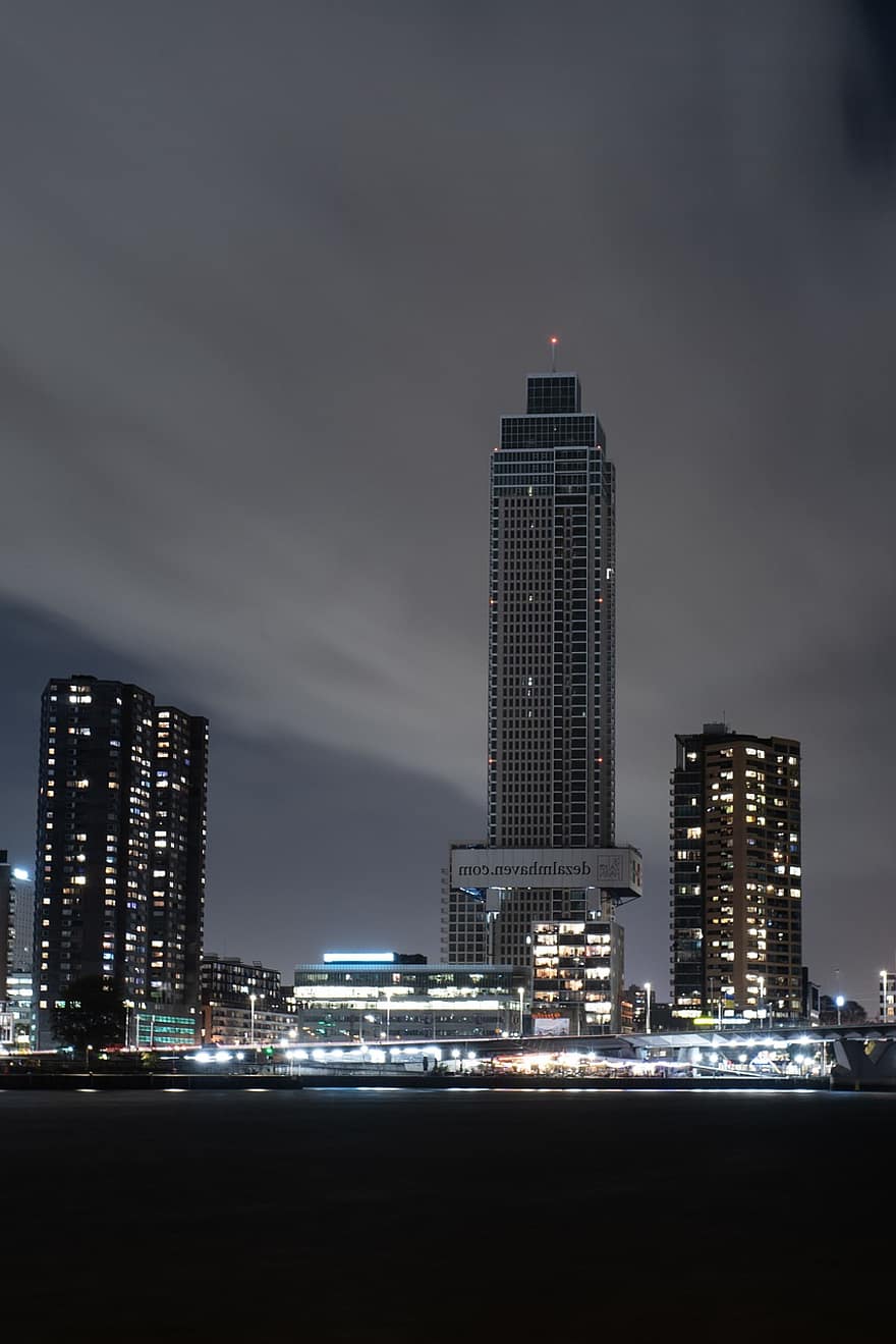 Rotterdam, città, notte, paesaggio urbano, edifici, grattacieli, orizzonte, luci, urbano, sera