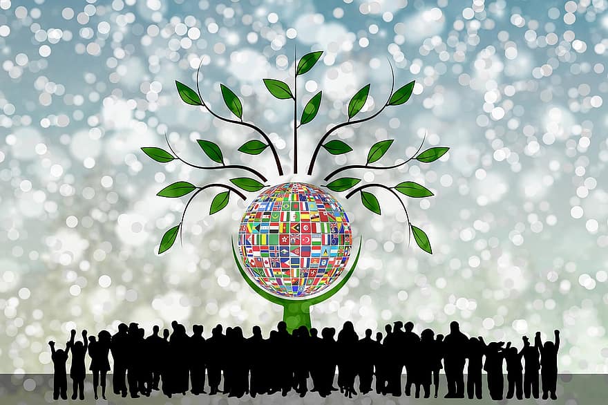 wereld-, boom, gemeenschap, concept, vlaggen, verscheidenheid, groep, helpen, hoop, silhouet, team