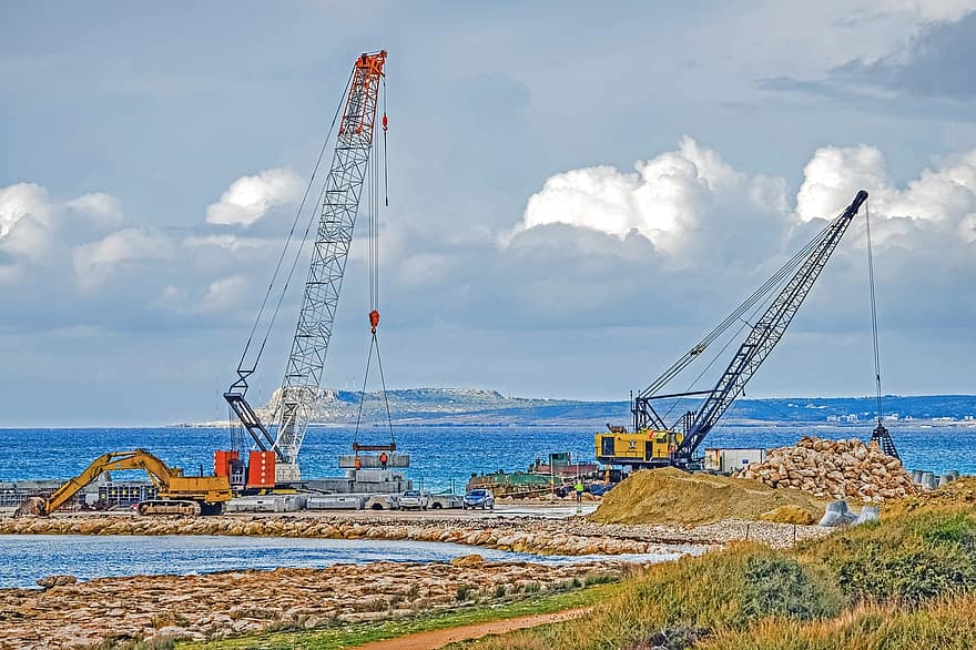 Cranes, Construction Site, Sea, Heavy Machines, Digger, crane, construction machinery, machinery, construction industry, industry, commercial dock