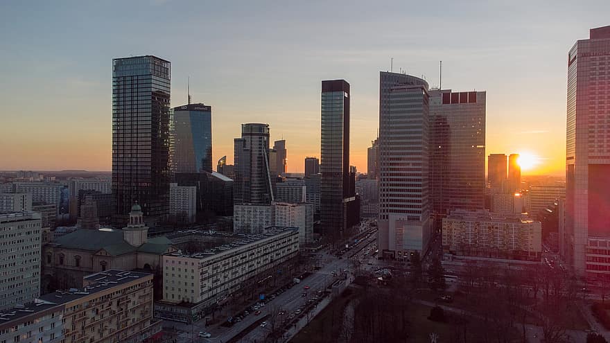 Stadt, Gebäude, Warschau, Polen, Stadtbild, Wolkenkratzer, städtische Skyline, die Architektur, Dämmerung, Gebäudehülle, Sonnenuntergang