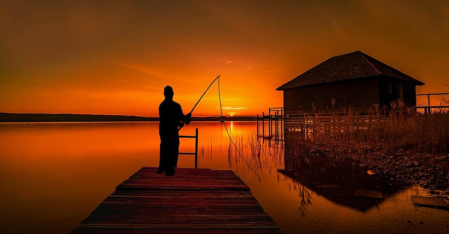 zveju, zvejnieks, ezers, hobijs, raksturs, sportu, cilvēks, saulrieta, rīcību, aktīvs, darbību