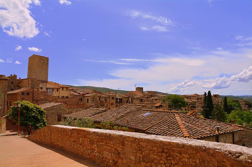 terrasse, toit, Maisons, ciel, des nuages, ancien, aperçu, Saint Gimignano, toscane, Italie, tourisme
