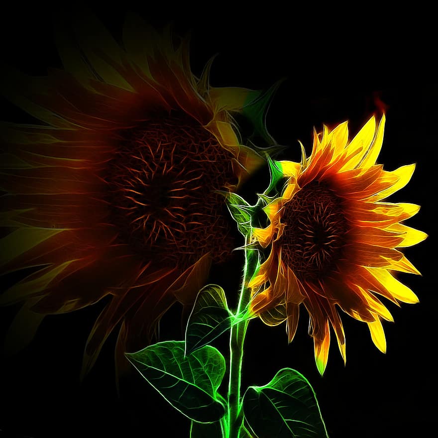 Sunflower, Rays, Fractalius, Nature, Blossom, Bloom, Bright, Flower, Plant, Yellow